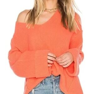 Free People La Brea Coral Ribbed V Neck Oversized Bell Sleeve Sweater Top S boho